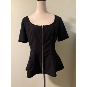 Black‎ Peplum Top Bebe shirt Gold Zipper Short Sleeve Y2K goth whimsi boho retro
